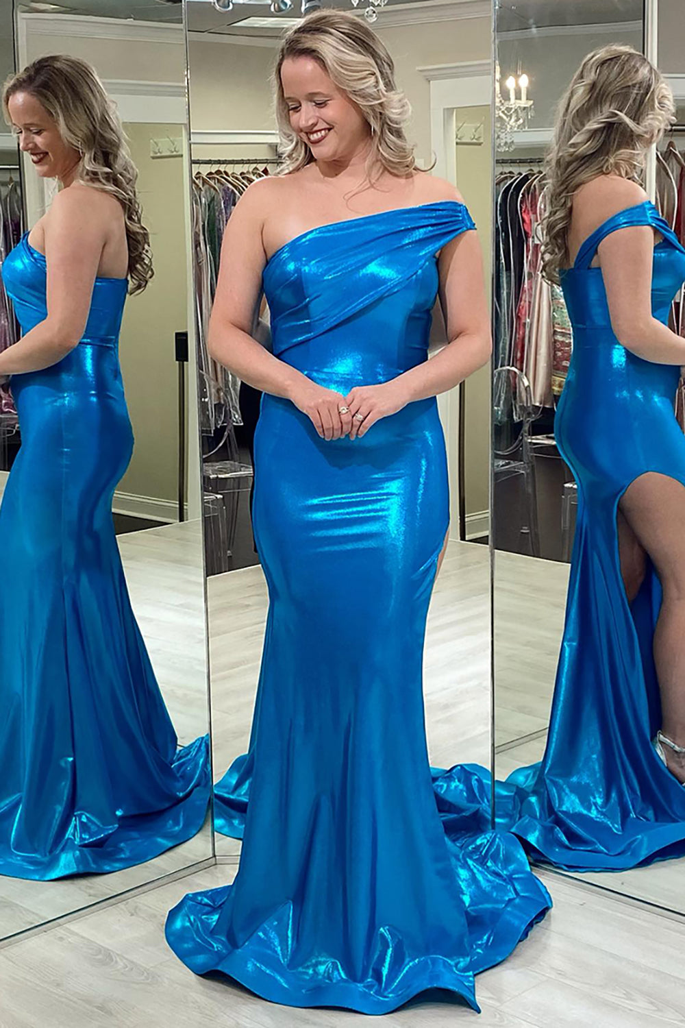 Metallic Blue Mermaid Prom Dress with One Shoulder and Slit