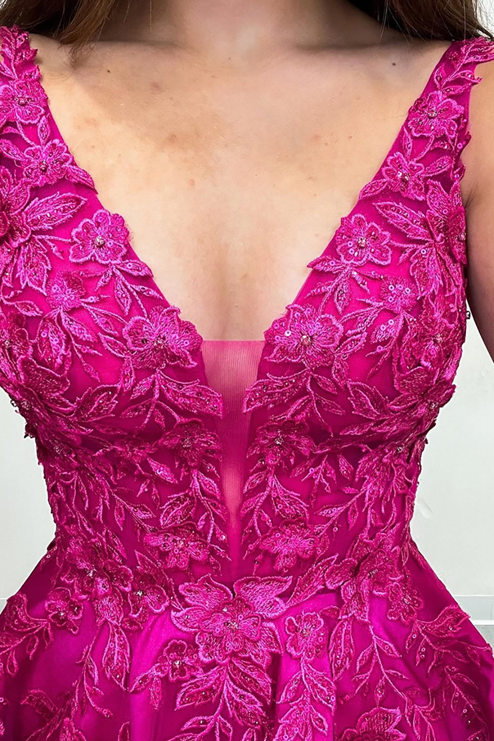 Long Fuchsia Prom Dress with V-neck and Satin Princess Appliques