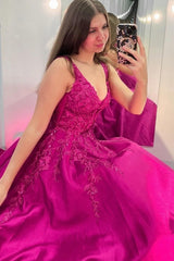 Long Fuchsia Prom Dress with V-neck and Satin Princess Appliques