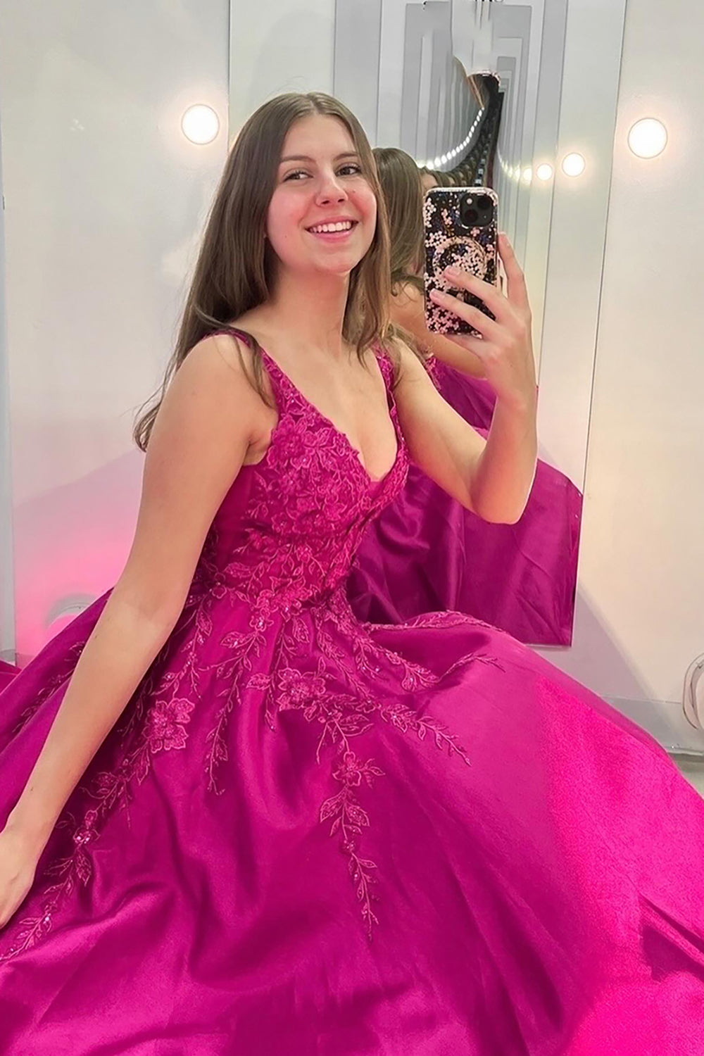 Long Fuchsia Prom Dress with V-neck and Satin Princess Appliques