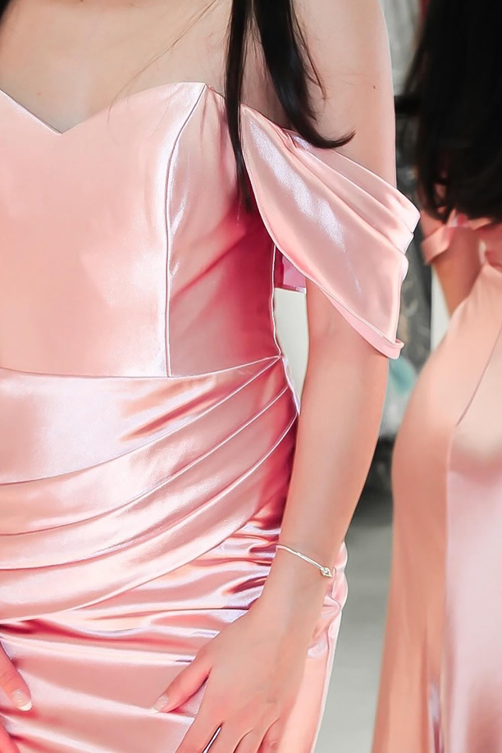 Satin Mermaid Prom Dress with Ruched Details and Off-the-Shoulder Blush Design