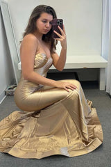 Elegant Gold Sweetheart Mermaid Gown with Satin Ruched Detail
