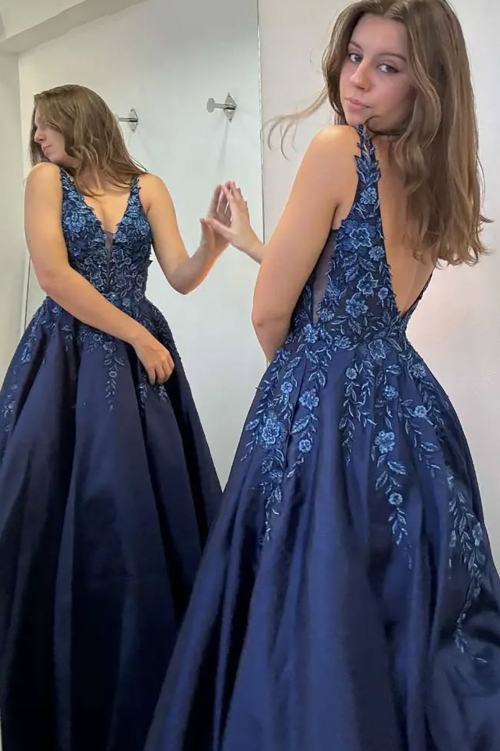 Long Navy Satin V-Neck Prom Ball Gown with Appliques