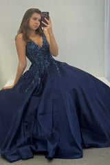 Long Navy Satin V-Neck Prom Ball Gown with Appliques