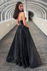 Black Satin Prom Dress with Sparkly Appliques and Spaghetti Straps