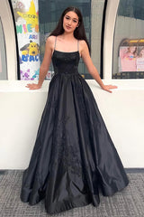 Black Satin Prom Dress with Sparkly Appliques and Spaghetti Straps