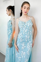 Long Mermaid Prom Dress in Light Green with Spaghetti Straps and Appliques
