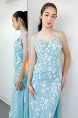 Long Mermaid Prom Dress in Light Green with Spaghetti Straps and Appliques