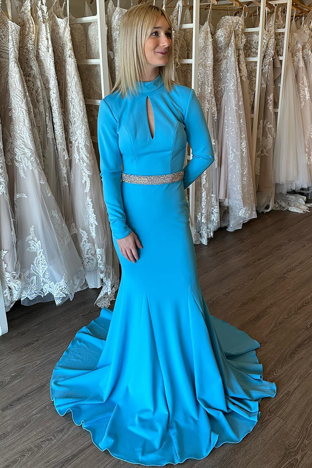 Long Sleeve Mermaid Prom Dress with Round Neck and Backless Design in Blue