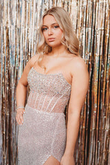 Long White Sparkly Mermaid Prom Dress with Beaded Strapless Corset and Sequins