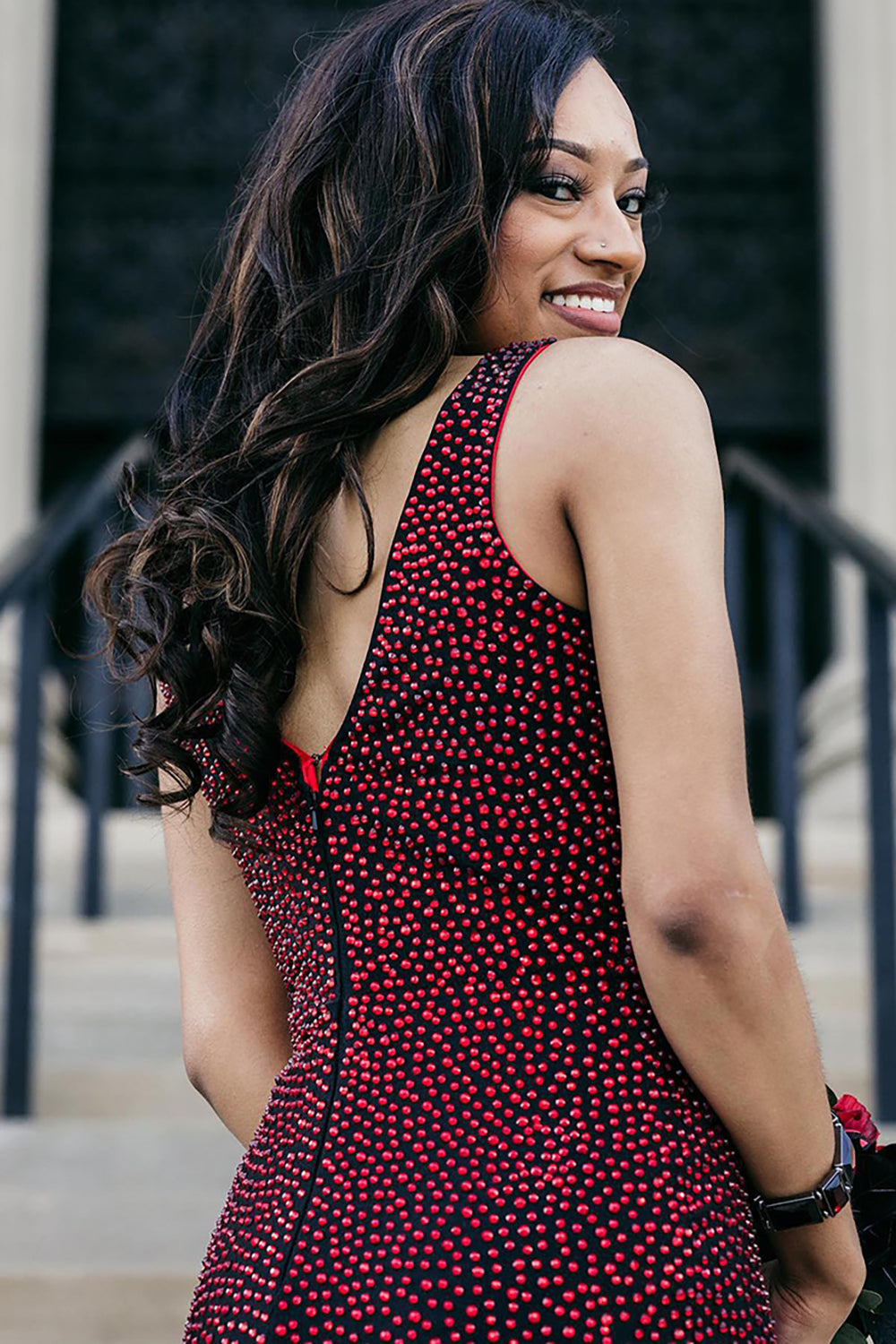 Elegant Black Burgundy V-Neck Beaded Mermaid Gown with Side Slit