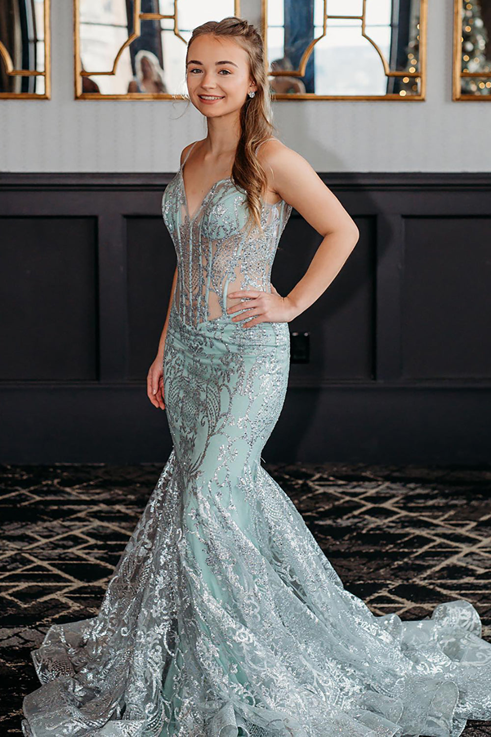 Long Mermaid Prom Dress with Light Green Sequin Tulle and Glitter Spaghetti Straps
