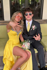 Long Mermaid Prom Dress in Yellow Satin with Ruffled Spaghetti Straps and Beading