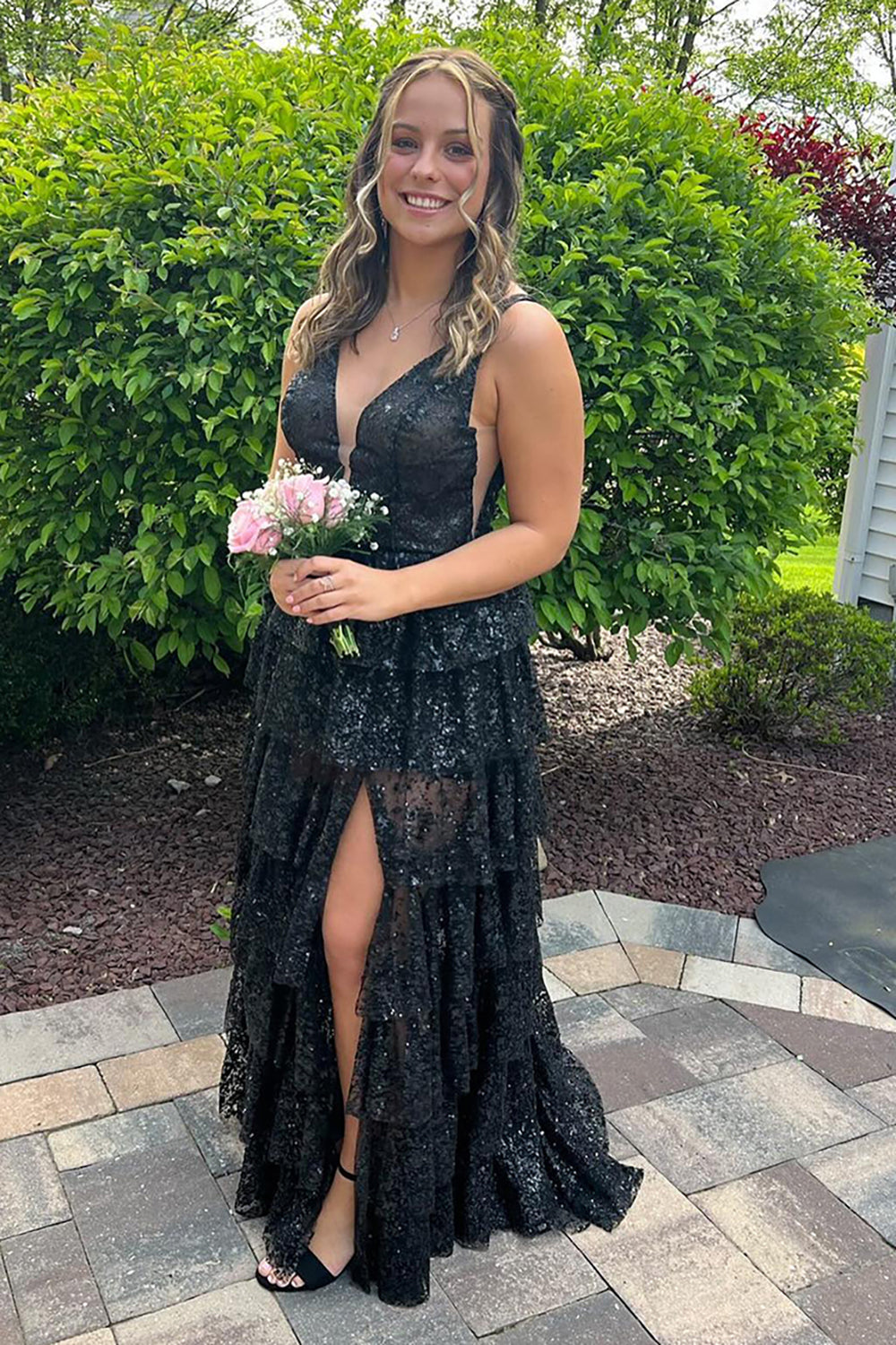 Black Princess Glitter Long Prom Dress with Spaghetti Straps and Tiered Tulle