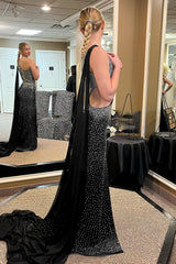 Black Sparkly One-Shoulder Long Prom Dress with Cut-Out Details Beaded Mermaid Gown and Cape