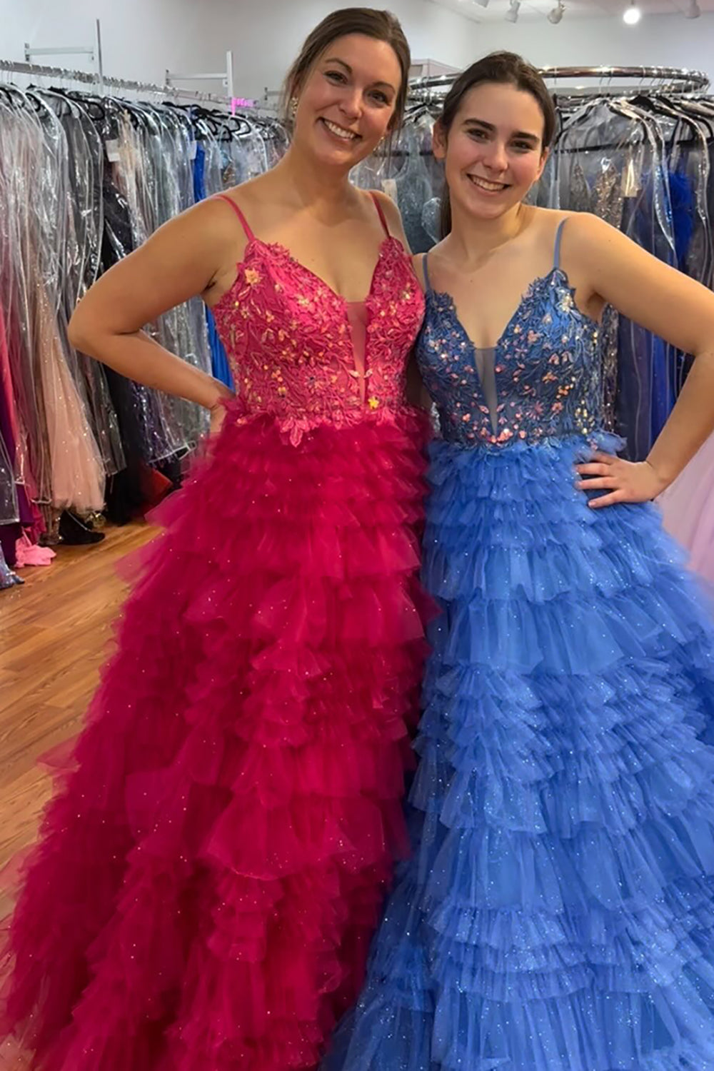 Long Fuchsia Prom Dress with Tiered Tulle and Spaghetti Straps Adorned with Princess Appliques