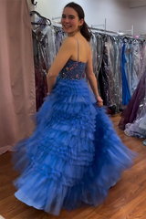 Long Fuchsia Prom Dress with Tiered Tulle and Spaghetti Straps Adorned with Princess Appliques