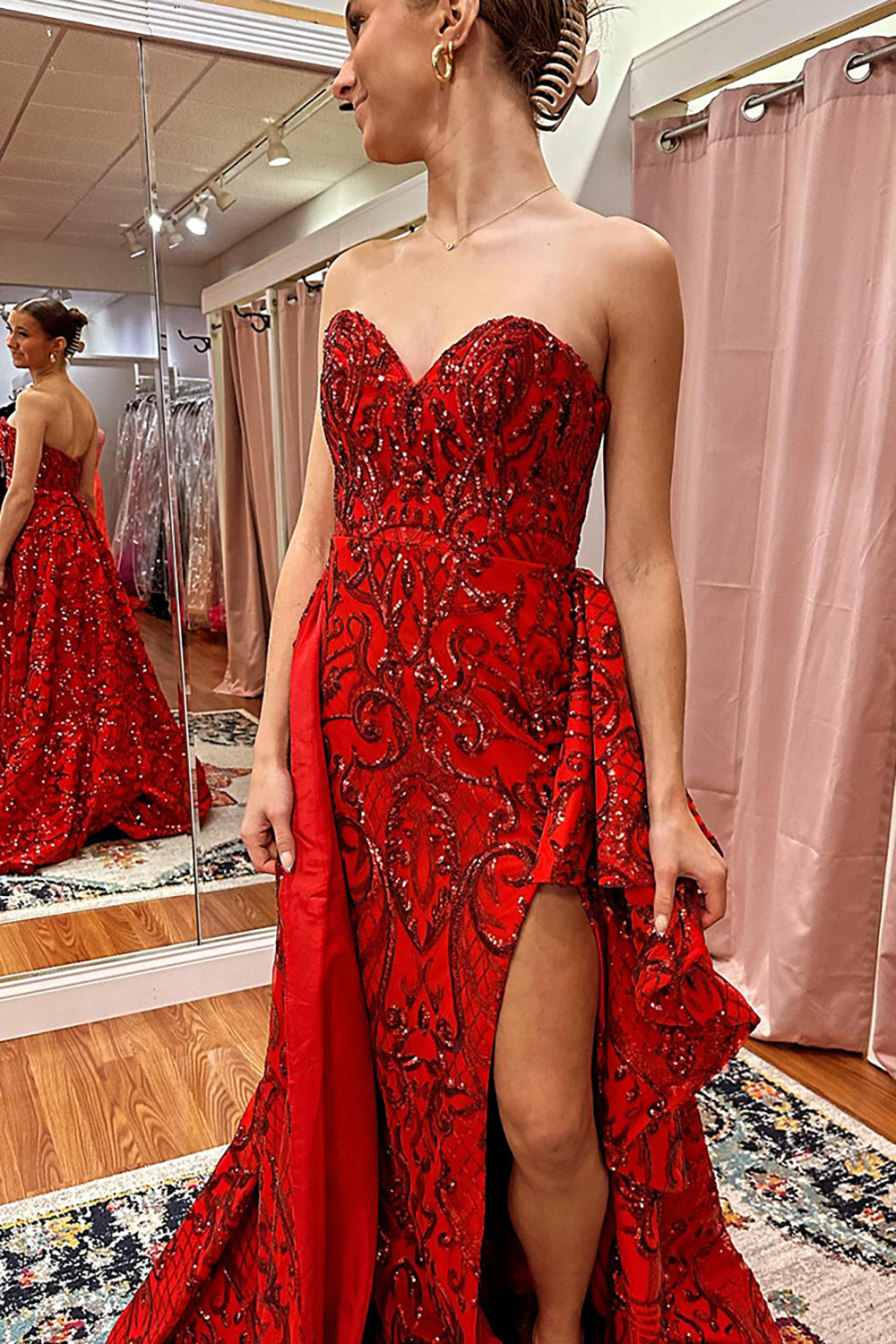 Long Red Mermaid Prom Dress with Sparkly Sweetheart Sequins and Slit