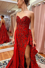 Long Red Mermaid Prom Dress with Sparkly Sweetheart Sequins and Slit