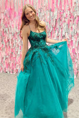 Princess Corset Prom Dress in Emerald Green with Tulle and Spaghetti Straps Long with Appliques