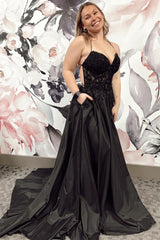 Long Satin Corset Prom Dress in Black with Spaghetti Straps A-Line Cut and Appliques