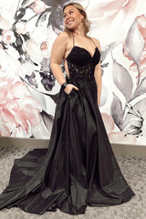 Long Satin Corset Prom Dress in Black with Spaghetti Straps A-Line Cut and Appliques