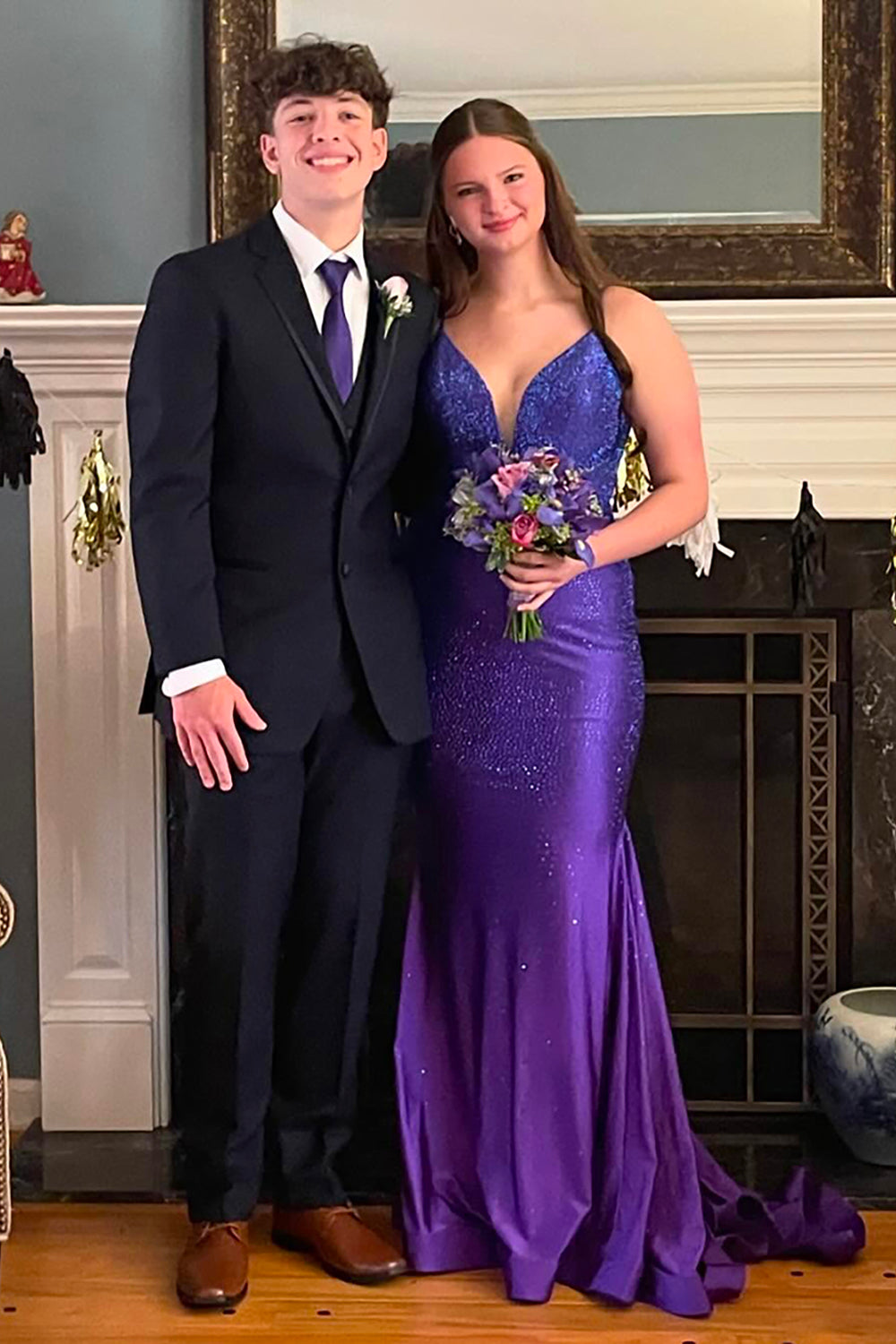 Long Mermaid Prom Dress with Red Spaghetti Straps and Beading