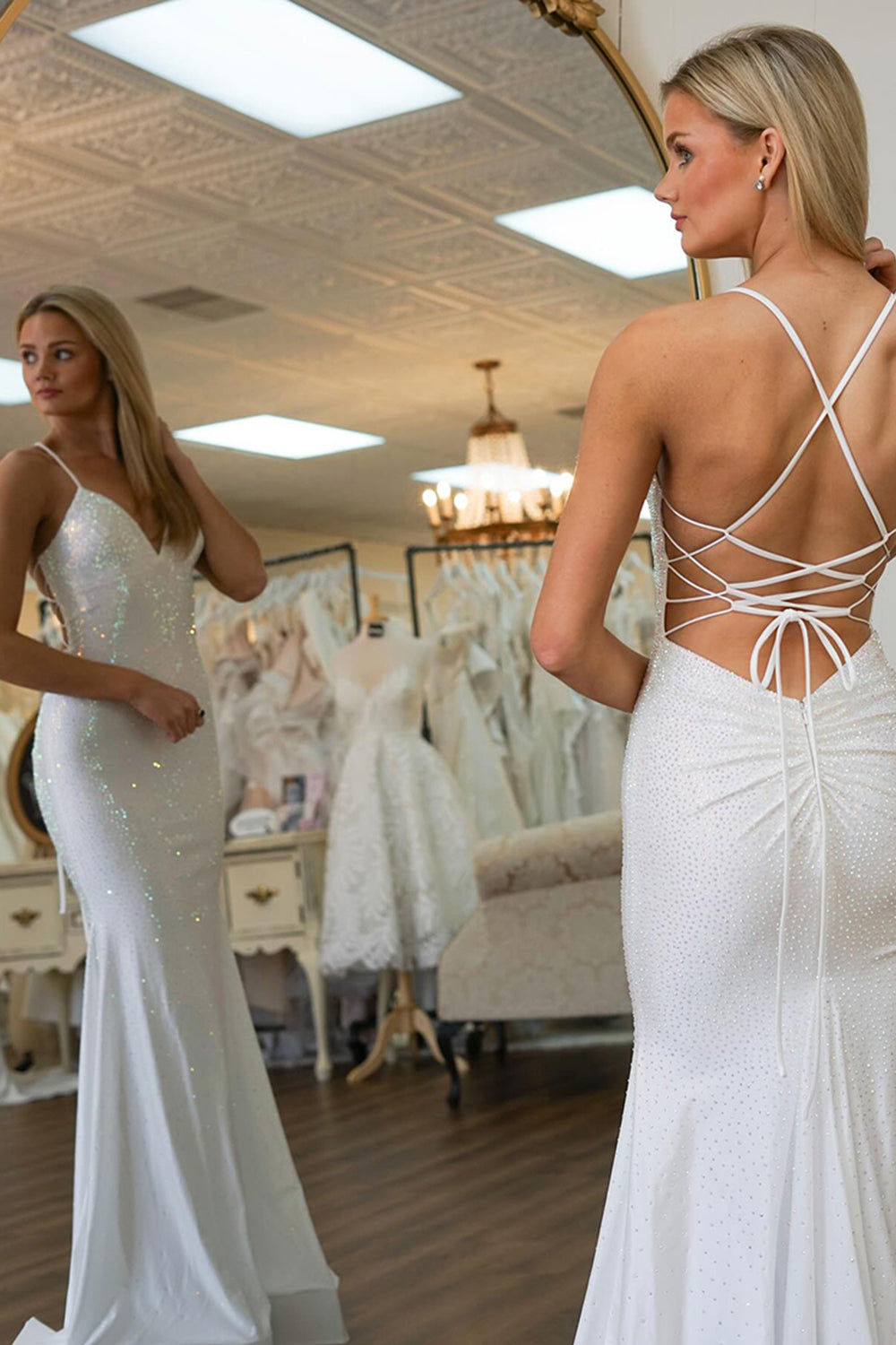 Long Mermaid Prom Dress with Red Spaghetti Straps and Beading