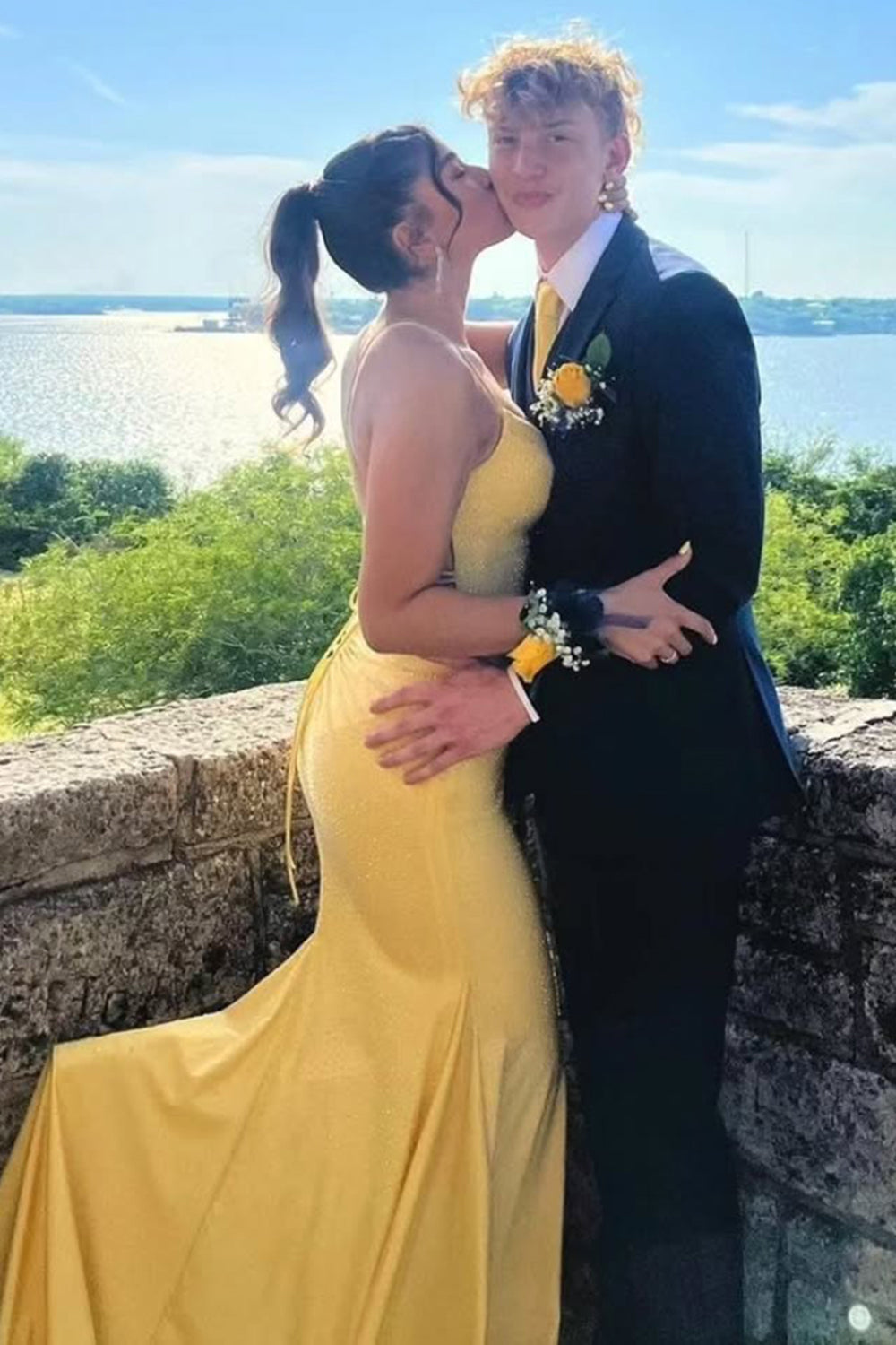 Long Mermaid Prom Dress with Red Spaghetti Straps and Beading