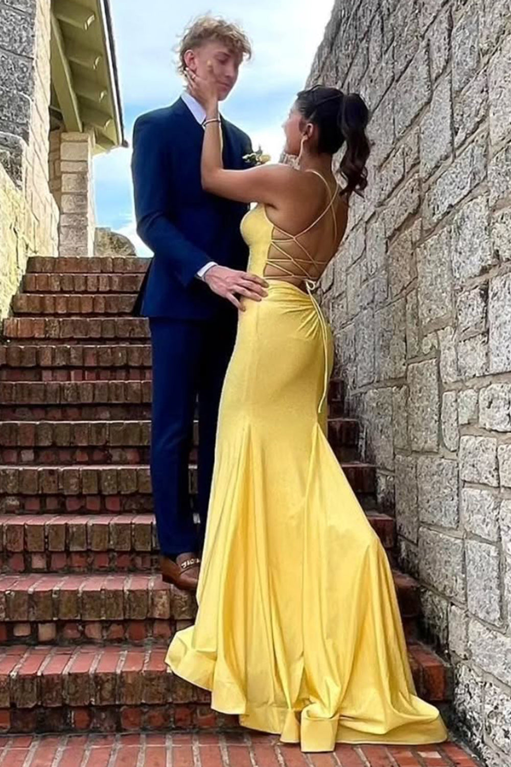 Long Mermaid Prom Dress with Red Spaghetti Straps and Beading