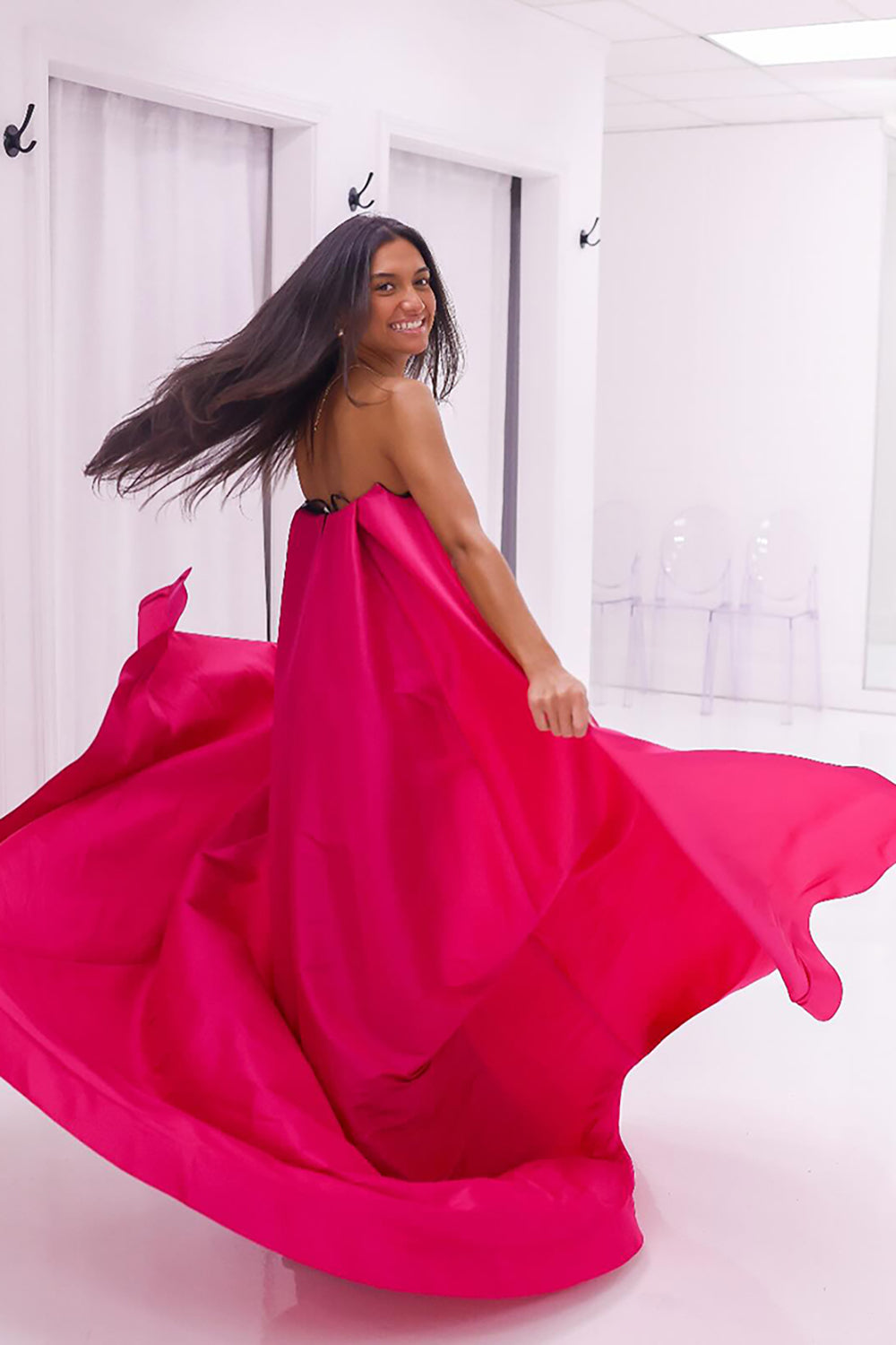 Long Strapless Mermaid Prom Dress in Black and Fuchsia with Matching Cape