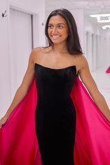 Long Strapless Mermaid Prom Dress in Black and Fuchsia with Matching Cape