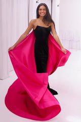 Long Strapless Mermaid Prom Dress in Black and Fuchsia with Matching Cape