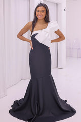 Long Black Satin Prom Dress with One Shoulder and White Bow in Mermaid Style
