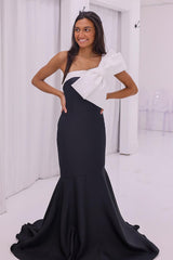 Long Black Satin Prom Dress with One Shoulder and White Bow in Mermaid Style