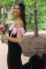 Long Black Mermaid Prom Dress with Pink Bows Off the Shoulder