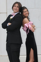 Long Black Mermaid Prom Dress with Pink Bows Off the Shoulder