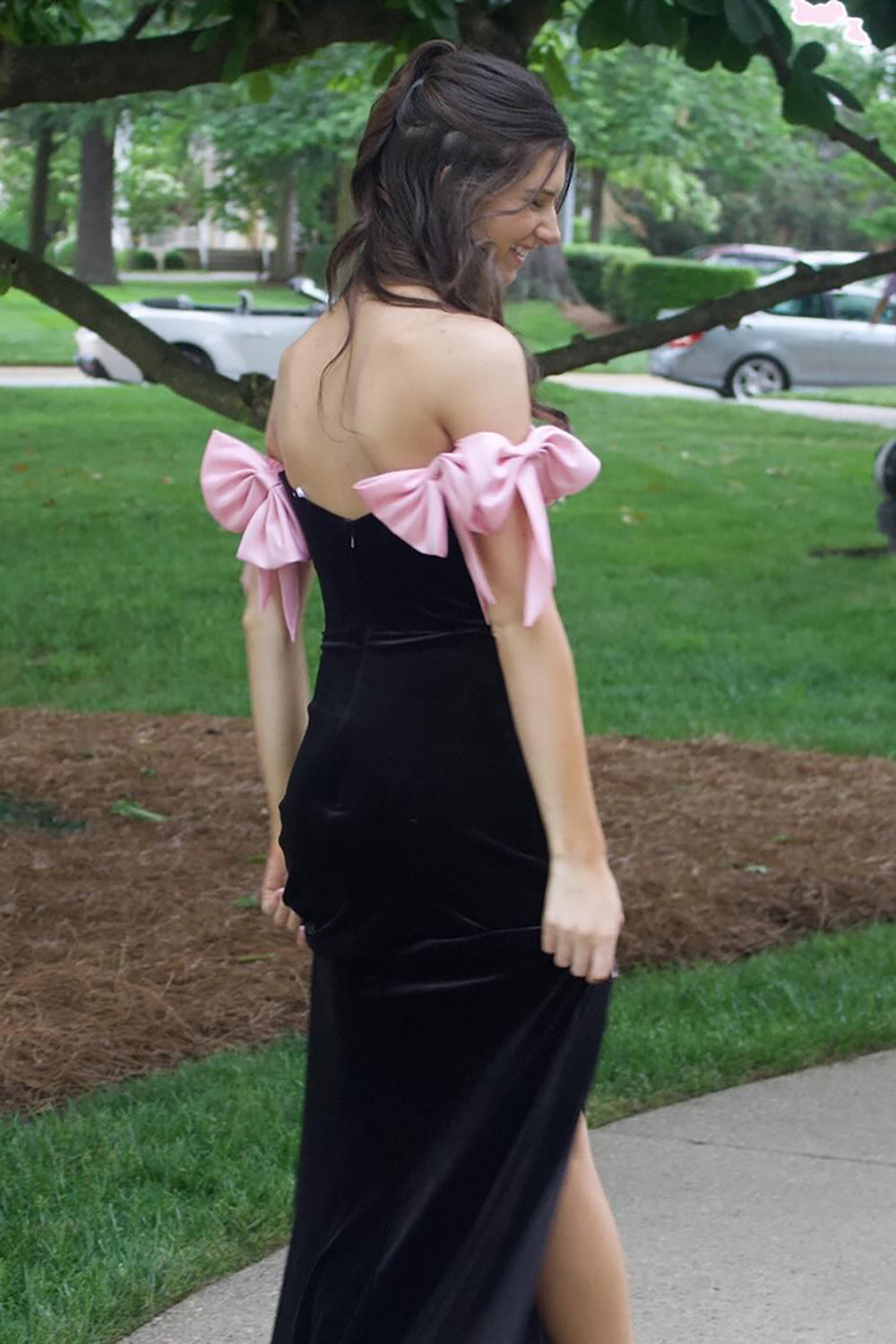 Long Black Mermaid Prom Dress with Pink Bows Off the Shoulder