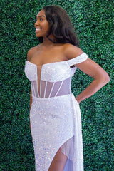 White Sparkling Corset Prom Dress with Slit 鈥?Off-Shoulder Mermaid Long Sequins