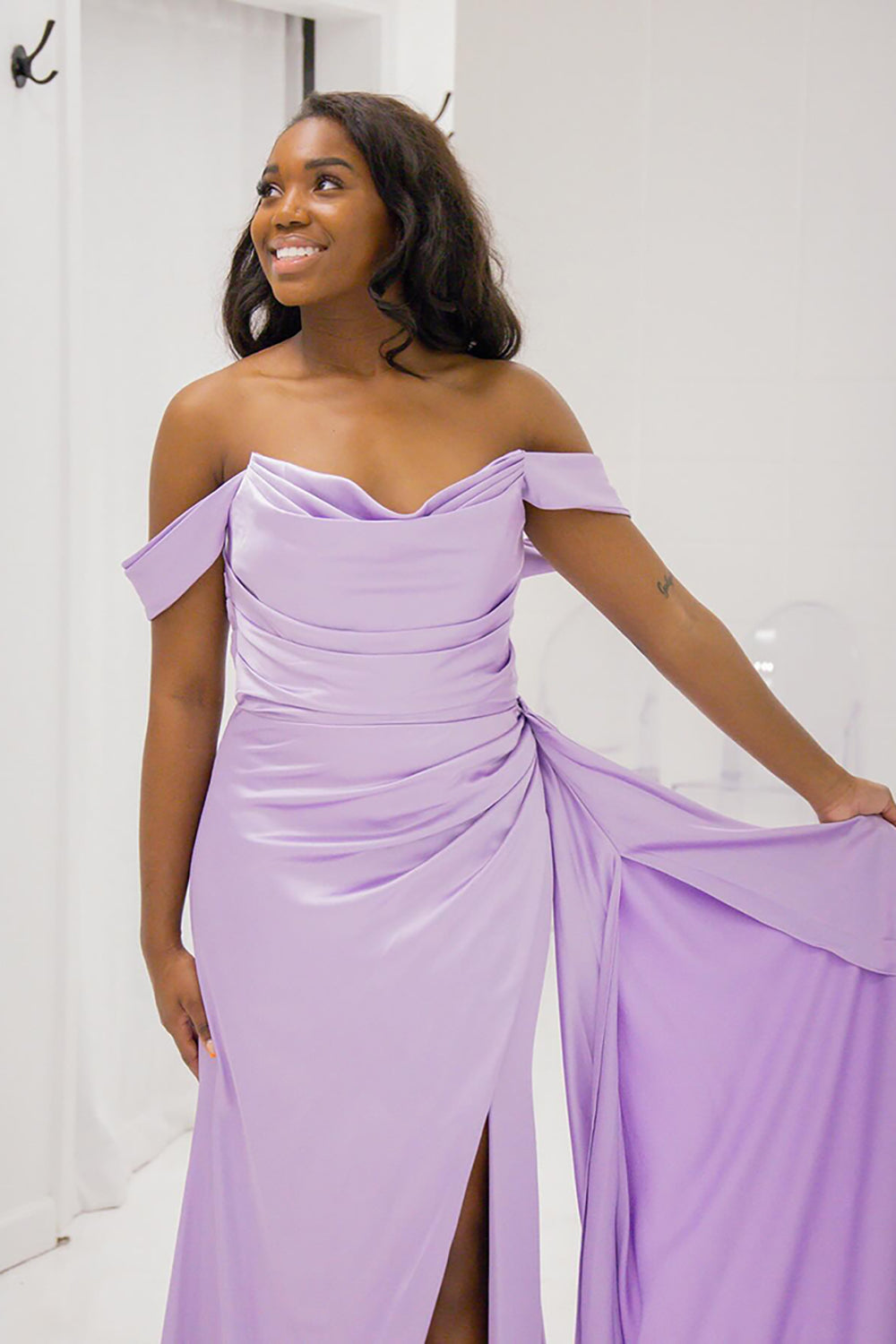Long Mermaid Prom Dress in Lilac Satin with Ruched Off-Shoulder Neckline and Slit