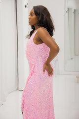 Long V-neck Mermaid Prom Dress with Sparkly Pink Sequins and Slit