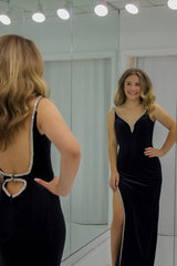 Long Black Prom Dress with Mermaid Silhouette Spaghetti Straps Open Back and Slit