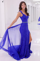 Long Mermaid Prom Dress in Royal Blue with Spaghetti Straps Lace Beads and Slit