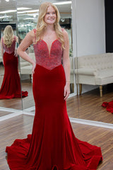Long Velvet Mermaid Prom Dress with Red Spaghetti Straps and Beading