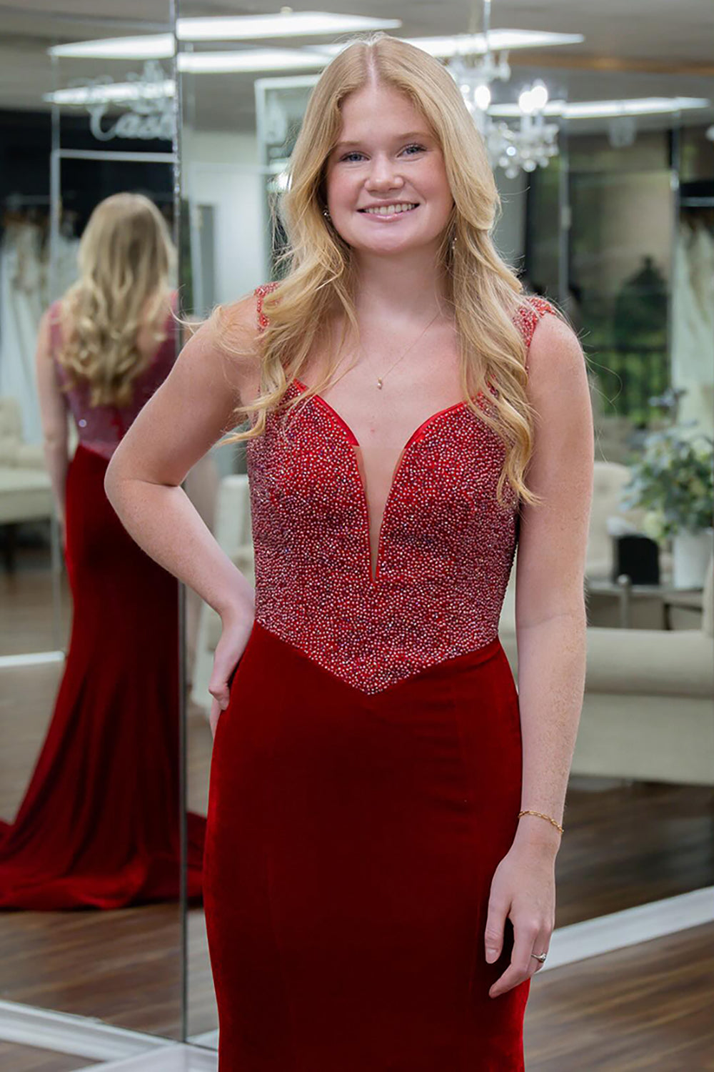 Long Velvet Mermaid Prom Dress with Red Spaghetti Straps and Beading
