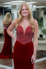 Long Velvet Mermaid Prom Dress with Red Spaghetti Straps and Beading