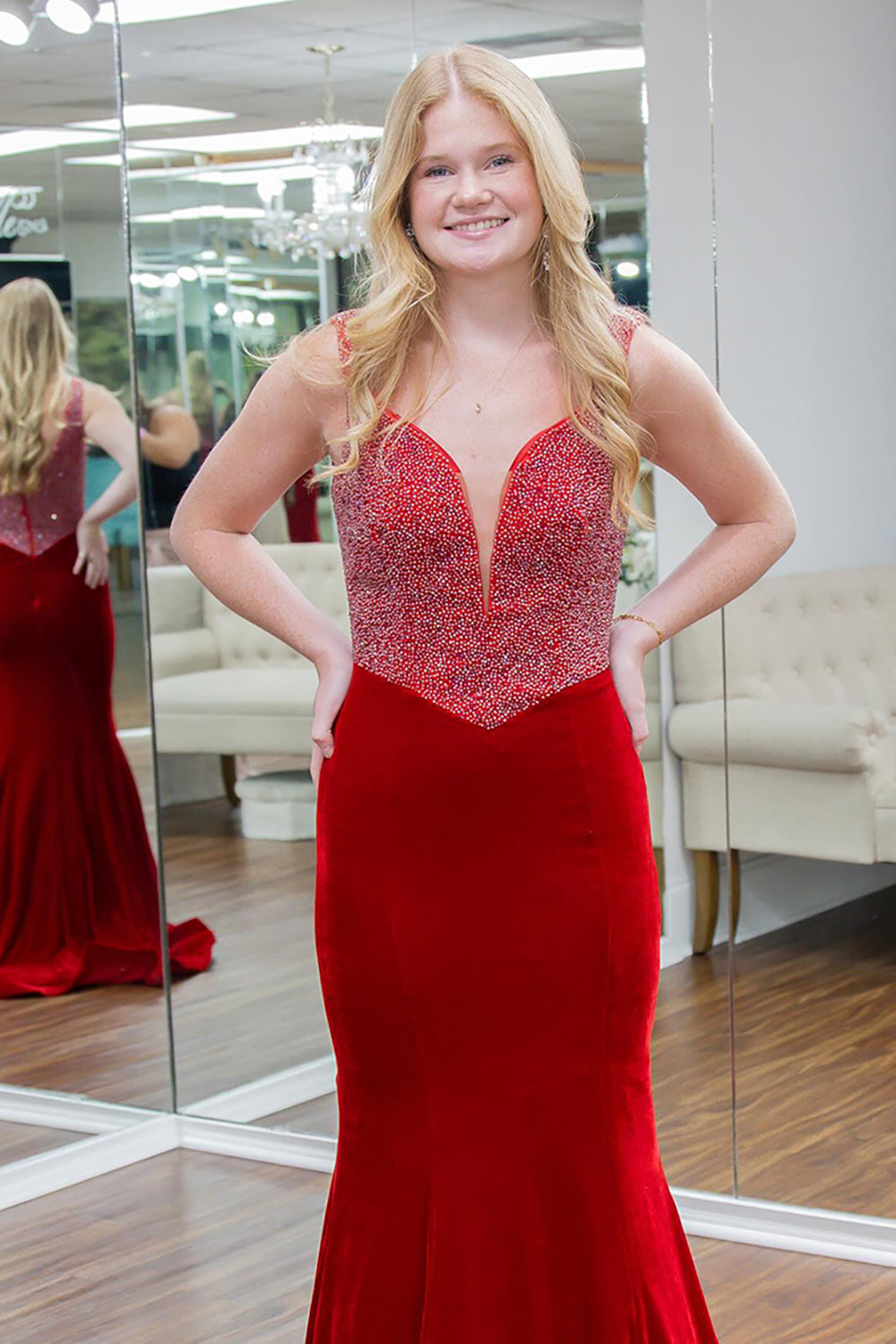 Long Velvet Mermaid Prom Dress with Red Spaghetti Straps and Beading