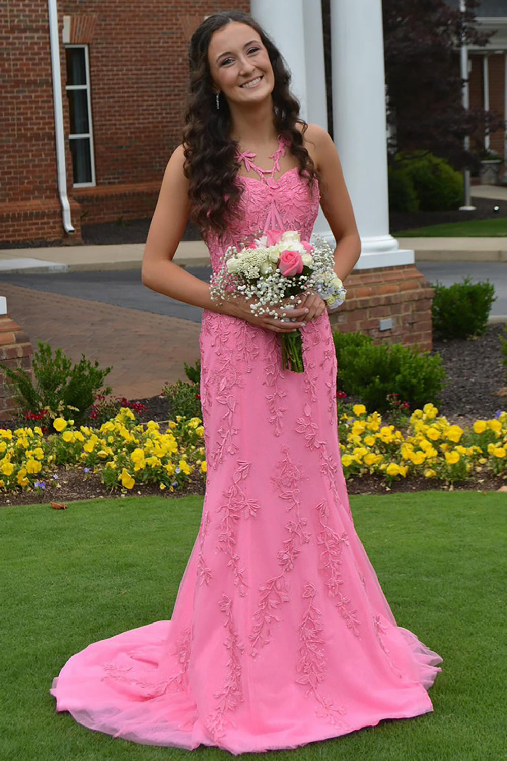 Long Corset Prom Dress in Pink with Spaghetti Straps Mermaid Tulle and Appliques