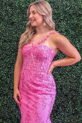 Long Corset Prom Dress in Pink with Spaghetti Straps Mermaid Tulle and Appliques