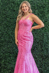 Long Corset Prom Dress in Pink with Spaghetti Straps Mermaid Tulle and Appliques